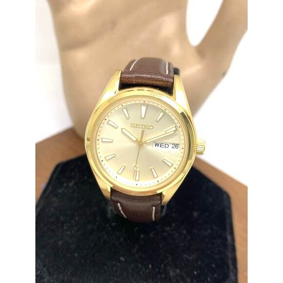 Seiko Women's Watch SUR456 Quartz Gold Dial Day Date Brown Leather Strap 30mm - Picture 1 of 15